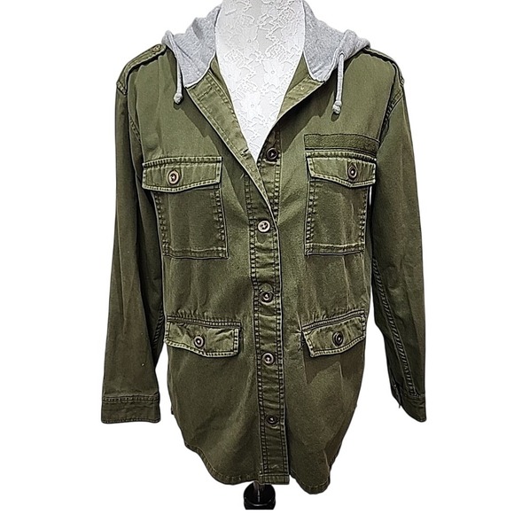 Divided H&M Womens Military Style Cargo Jacket Size 6 Army Green Hooded Shacket - Picture 1 of 10